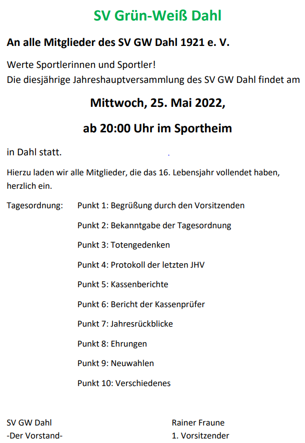 SV Dahl Einladung JHV 2022